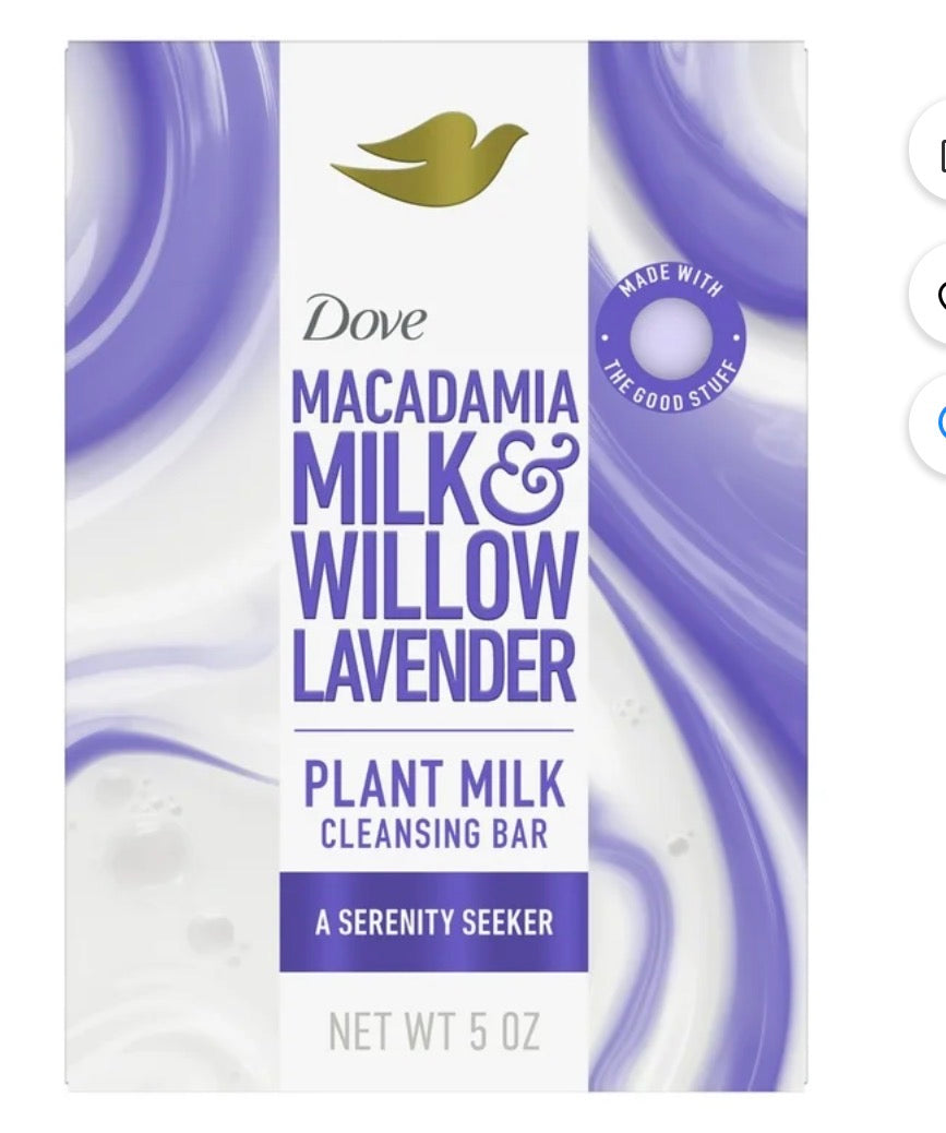 Dove Plant Based Cleansing Bar Soap Dry Skin Macadamia Milk & Willow Lavender Sulfate Free, 5 oz 1 Count