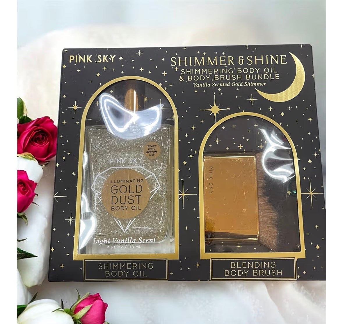 Shimmer & Shine Shimmering Body Oil & Body Brush , body shine Bundle, Gold Dust, Vanilla Scented,