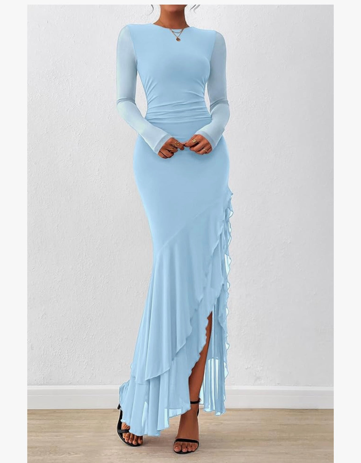 BTFBM Women's Maxi Dresses Spring 2026 Long Sleeve Ruched Bodycon Solid Ruffle Mermaid Cocktail Wedding Guest Dress