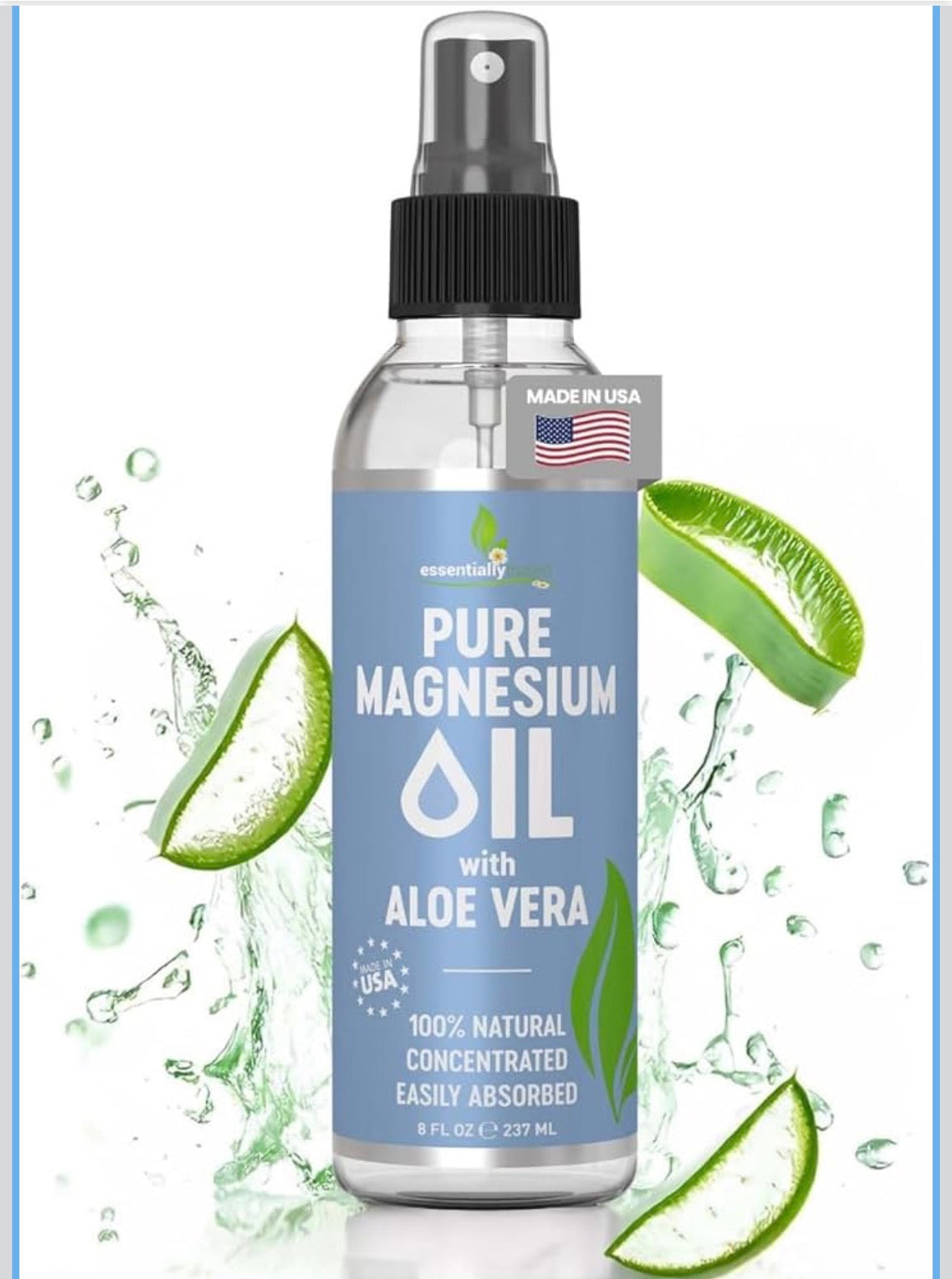 Essentially Based Pure Magnesium Oil Spray with Aloe Vera 8oz - Topical Magnesium Spray - Less Itchy - 100% Organic Oil - Made in USA