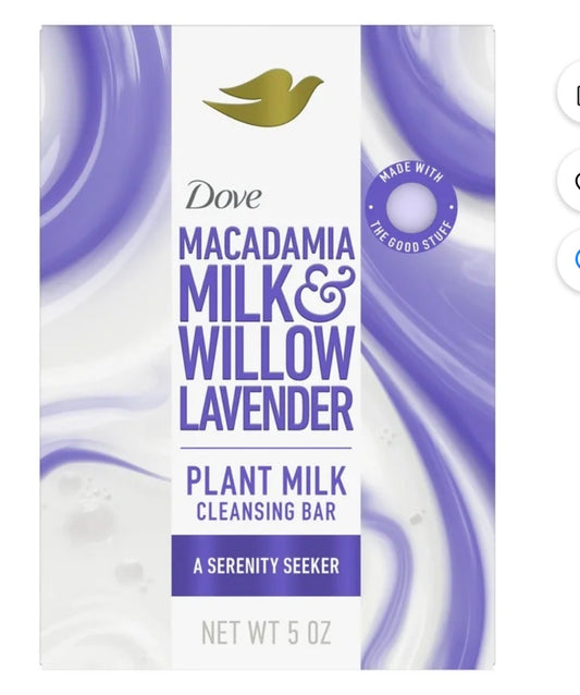 Dove Plant Based Cleansing Bar Soap Dry Skin Macadamia Milk & Willow Lavender Sulfate Free, 5 oz 1 Count