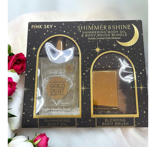 Shimmer & Shine Shimmering Body Oil & Body Brush , body shine Bundle, Gold Dust, Vanilla Scented,