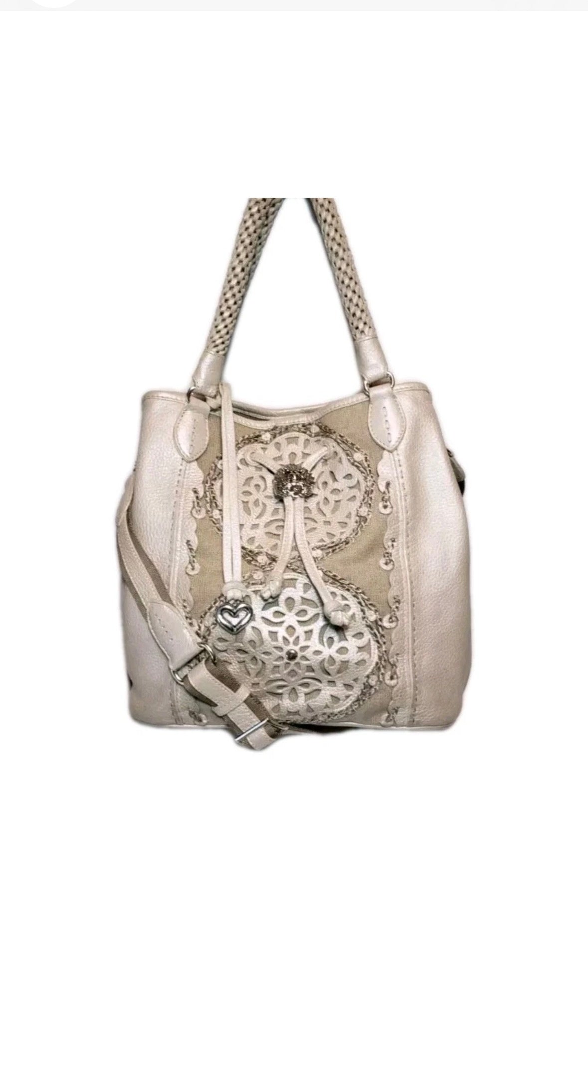 BRIGHTON NICHOLA MASTERPIECE COLL. PEARL WHITE LEATHER CROSSBODY BUCKET HANDBAG