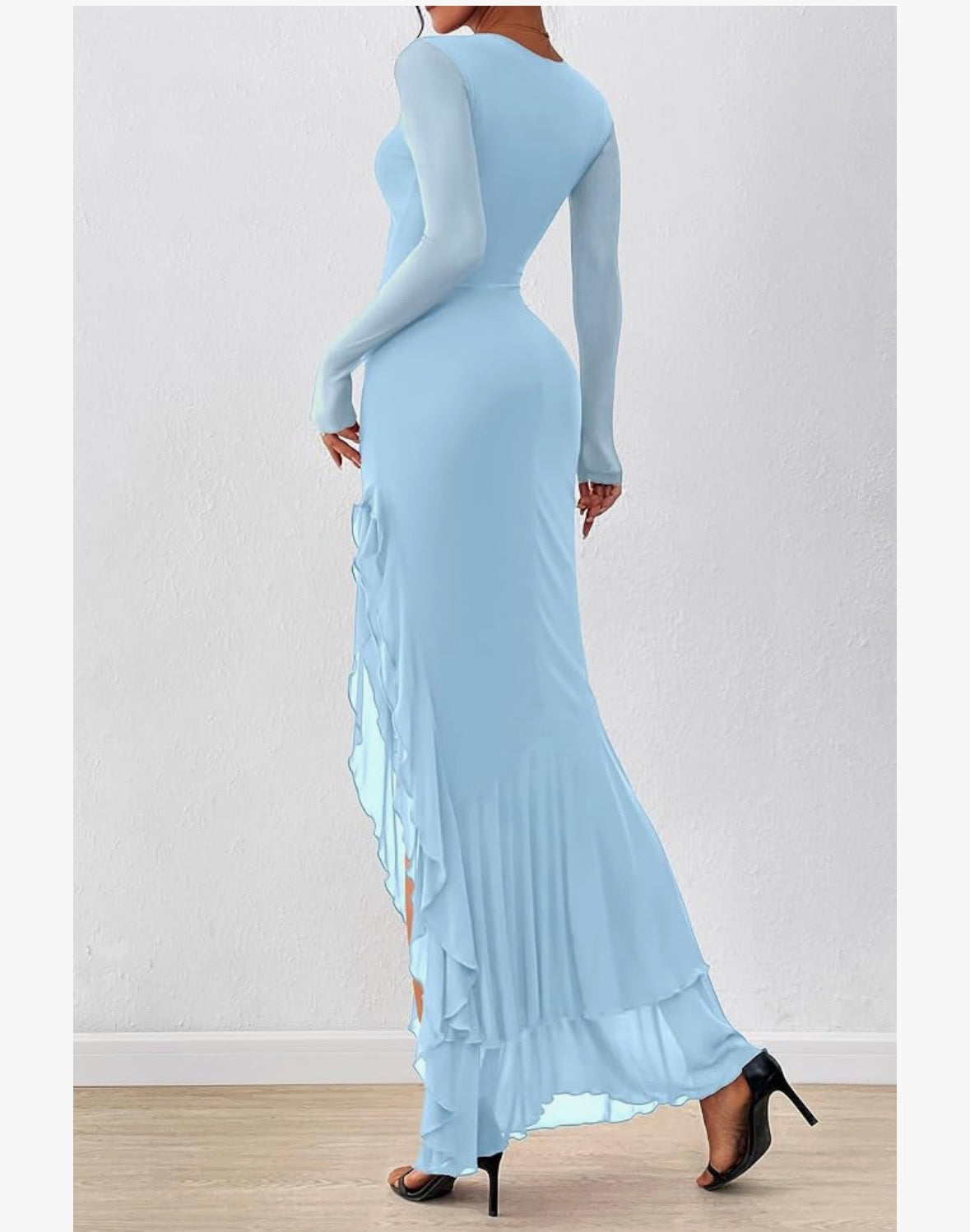 BTFBM Women's Maxi Dresses Spring 2026 Long Sleeve Ruched Bodycon Solid Ruffle Mermaid Cocktail Wedding Guest Dress