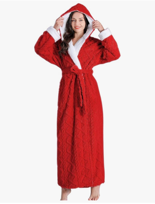 LKG Women Soft Fleece Plush Robe with Hood Super Warm Luxury Winter Full Length Bathrobe (US, Alpha, Large, Regular, Regular, Red)