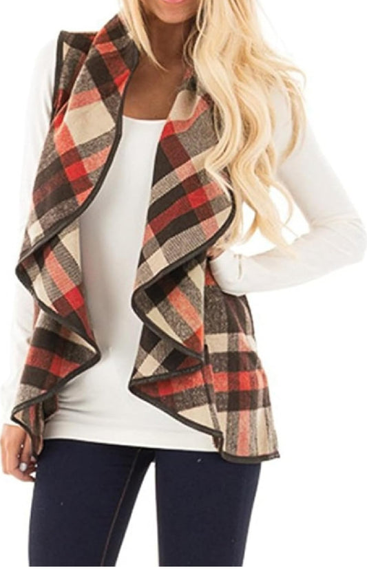 YACUN Women Plaid Vest Lapel Open Front Sleeveless Jacket Outerwear Cardigan with Pockets