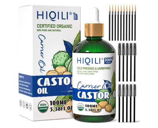 HIQILI Castor Oil Organic Cold Pressed Unrefined Glass Bottle, USDA Certified Organic, Hexane Free - Premium Grade Oil for Face, Hair Growth, Eyelash -3.38 Fl Oz