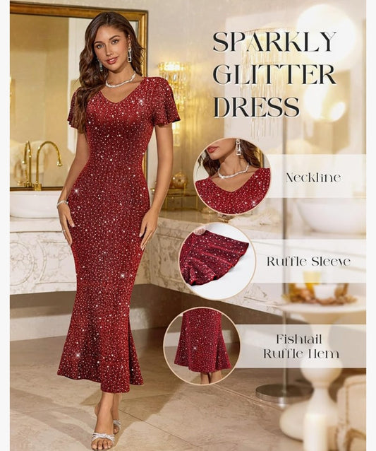 Dress Tells Glitter Flutter Sleeve Fishtail Maxi Dress