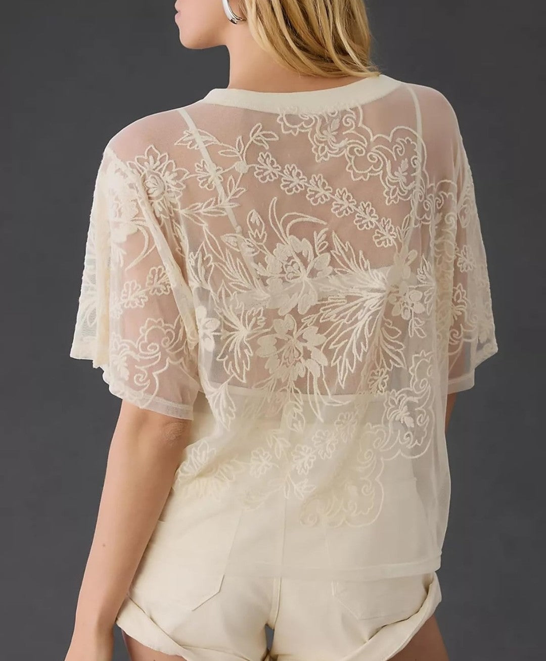 Aimiray Women's Sexy Lace Tops Short Sleeve Round Neck Mesh 3D Printed Floral Sheer Blouse See Through Layering Shirt Tops