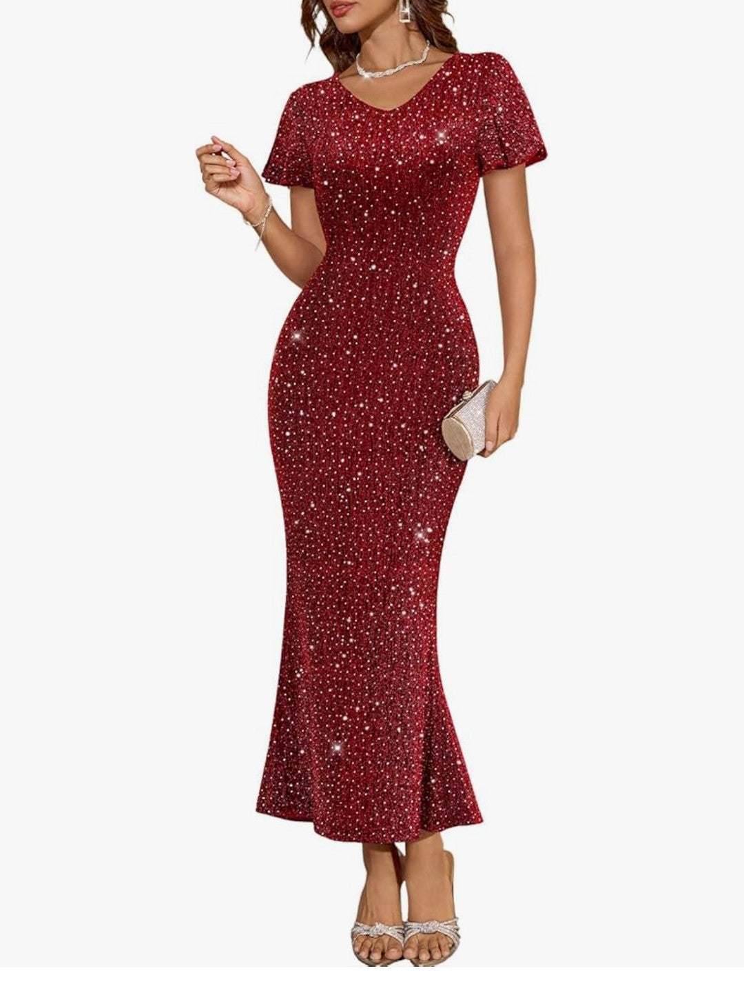 Dress Tells Glitter Flutter Sleeve Fishtail Maxi Dress