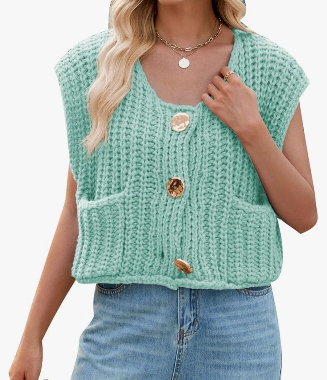 MINTLIMIT Womens Chunky Knit Vest Sleeveless Button Down Cropped Sweater Vest Crochet Cardigan with Pockets