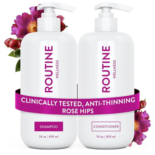 Routine Wellness Anti-Thinning Shampoo and Conditioner Set for Thinning Hair - Biotin DHT Blocker Women & Men - Color Safe Shampoo for Hair Loss & Healthier Hair - Rose Hips (Pack of 2
